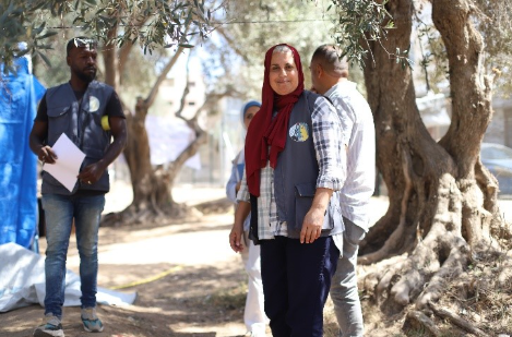 Sahar, the head of PDWSA, at a displacement camp for women in Gaza. Photo: Wattan Media Network/ActionAid 